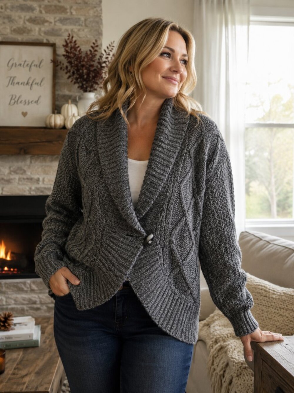 Sonoma Life + Style Petite XL Chunky Knit Shawl Collar Cardigan Gray Textured Sw